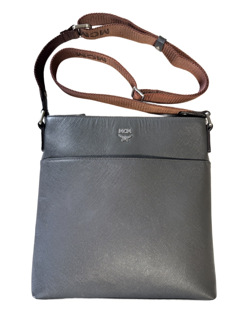 MCM Gray Saffiano Leather Crossbody Messenger Bag Brown Logo Strap